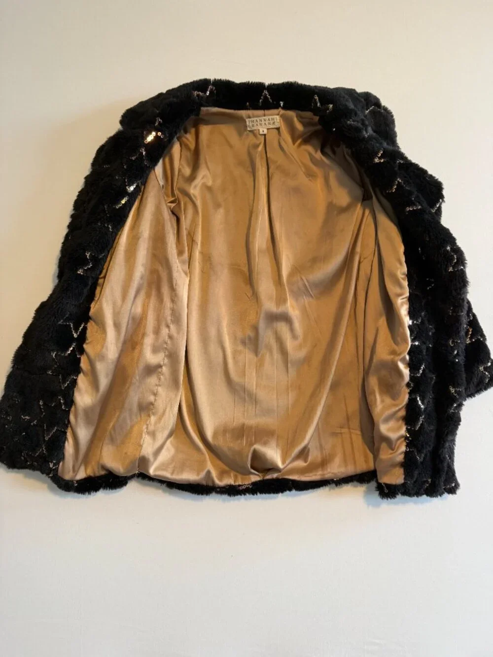 Girls HANNAH BANANA Black Faux Fur Gold Sequin Star Coat 6